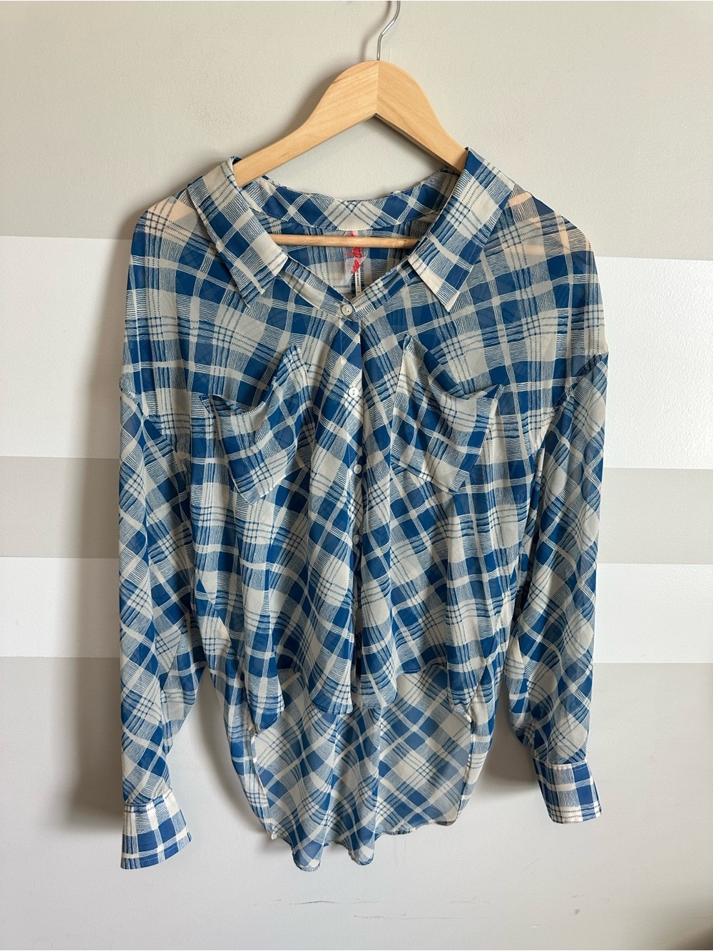 Free people Blue gingham sheer button down shirt